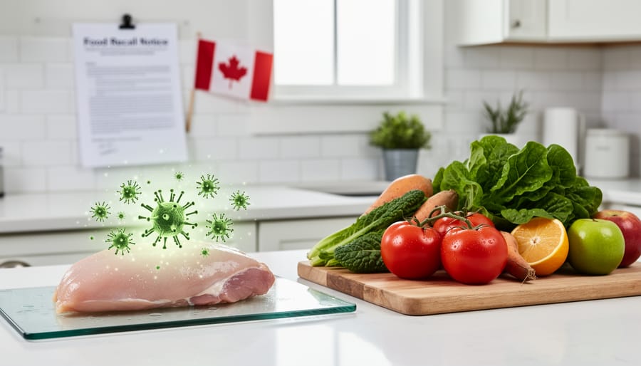 Raw chicken and fresh vegetables showing potential bacterial cross-contamination