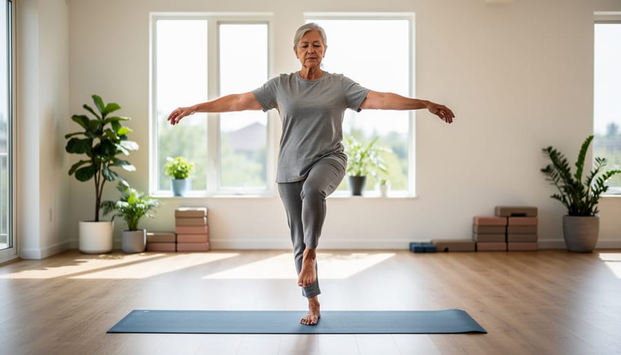 Mature woman demonstrating balance pose on yoga mat in bright home setting