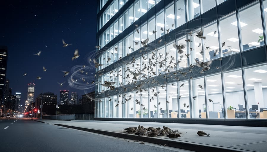 Bird flying near brightly illuminated office building windows at night showing urban light pollution impact