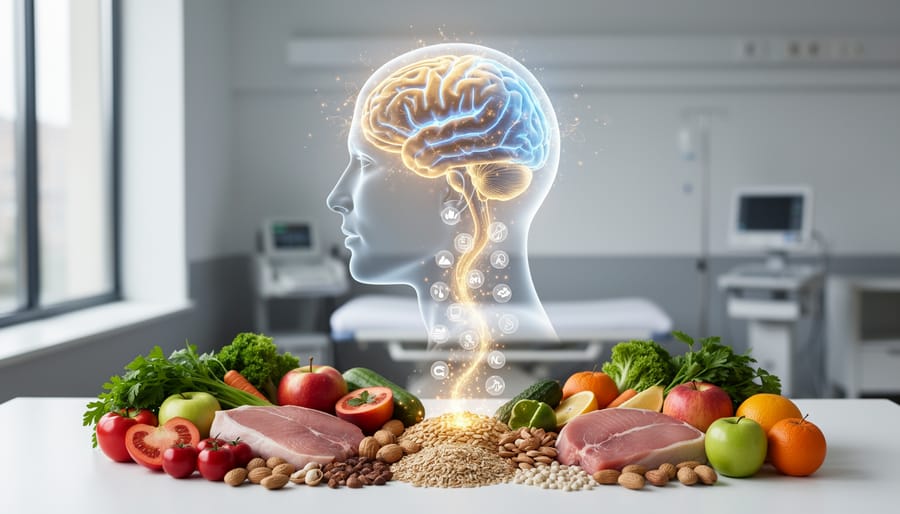 Assortment of brain-healthy foods including walnuts, salmon, and fresh vegetables arranged artistically