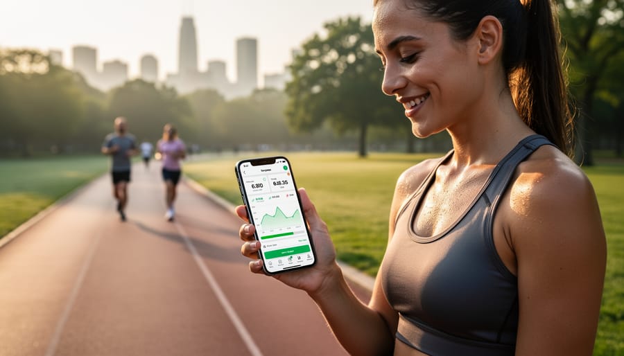 Group of adults sharing fitness progress on smartphone in outdoor park setting