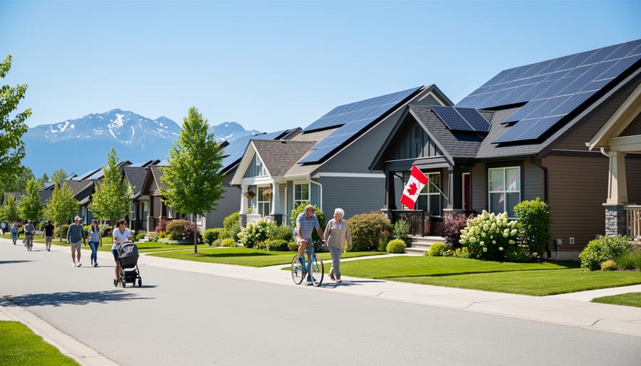 Aerial view of Canadian suburban neighborhood with solar panels on residential rooftops