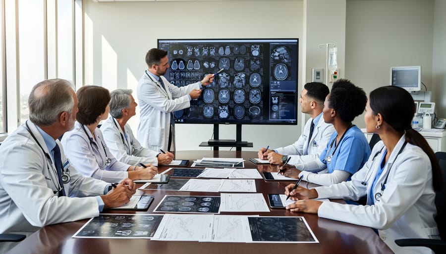 Healthcare team of oncologists and nurses collaborating on cancer treatment plan