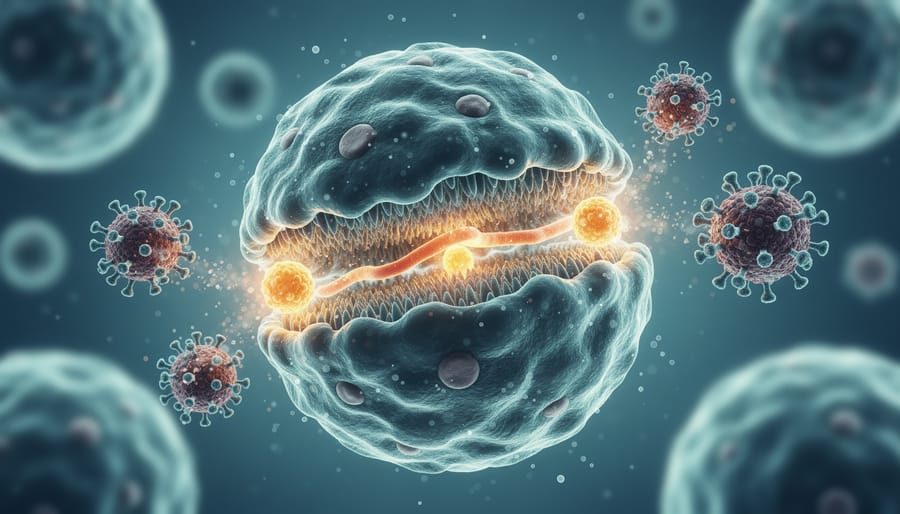 Microscopic close-up view of human cell membrane showing detailed surface structure