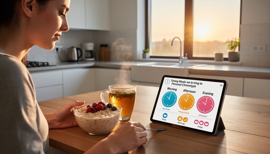 Healthy breakfast plate with eggs, avocado, toast, and berries on wooden table with morning coffee