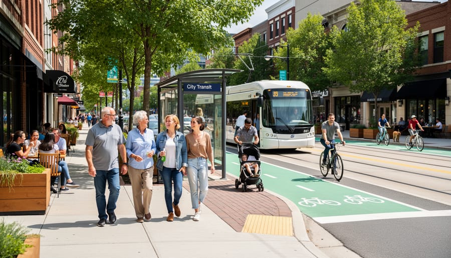 Diverse group of people walking together on urban sidewalk engaged in conversation