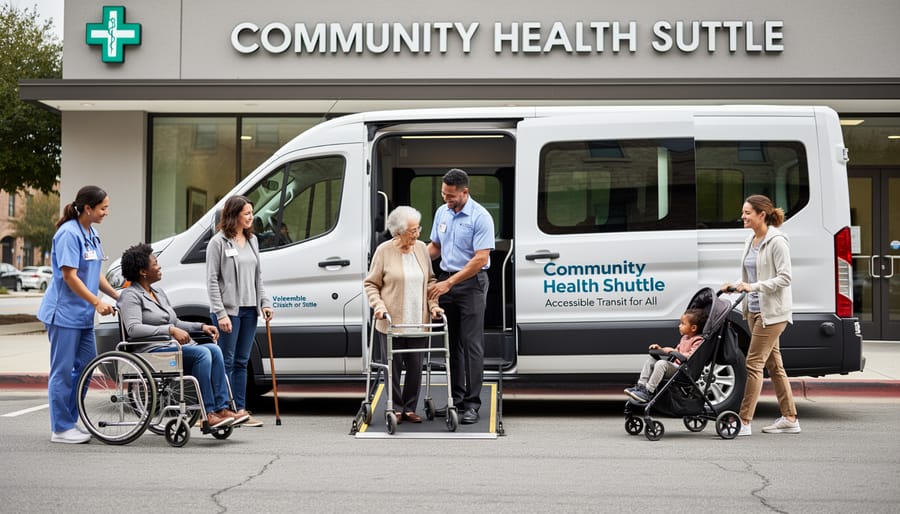 Accessible community shuttle bus with extended wheelchair ramp and diverse passengers boarding