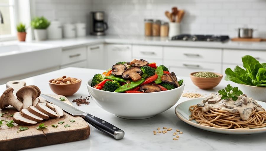 Man cooking oyster mushrooms with vegetables in home kitchen