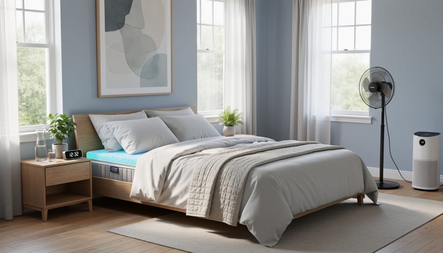 Well-organized bedroom with cooling features including fans and breathable bedding