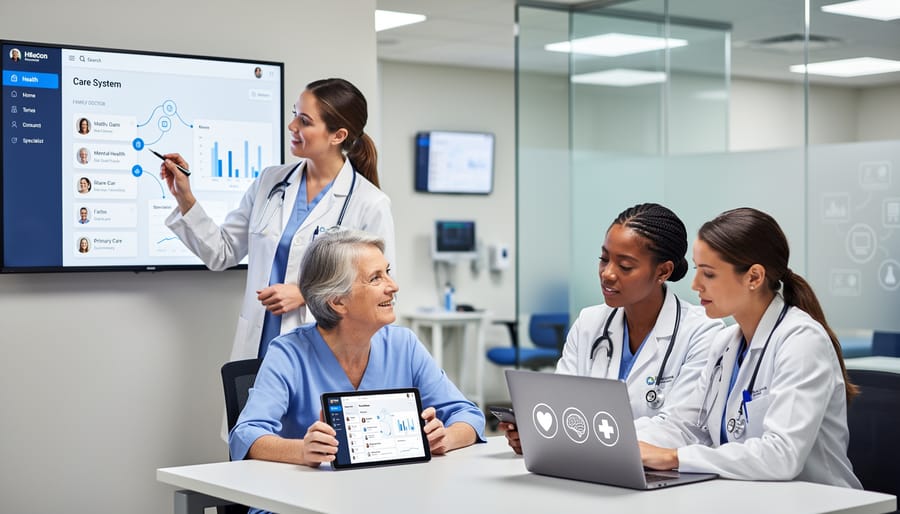Healthcare team collaborating with digital devices in modern medical facility
