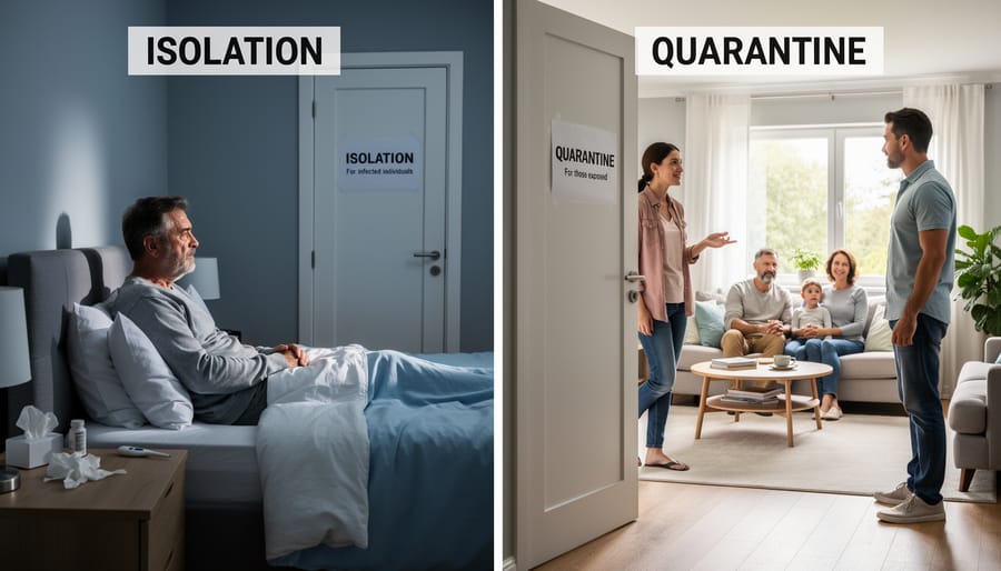 Person sitting alone in bedroom looking out window during home isolation