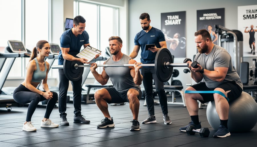 Athlete performing compound strength training exercise with barbell in gym