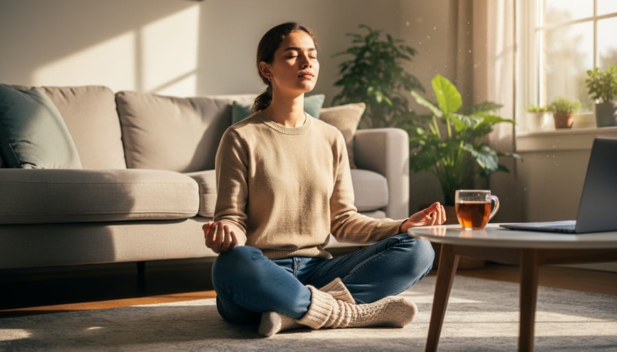 Relaxed hands in peaceful meditation position outdoors in natural setting