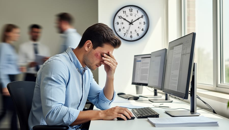 Tired office worker showing signs of daytime fatigue and exhaustion at desk