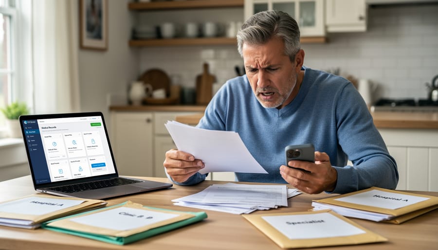Patient holding multiple medical record folders in doctor's office