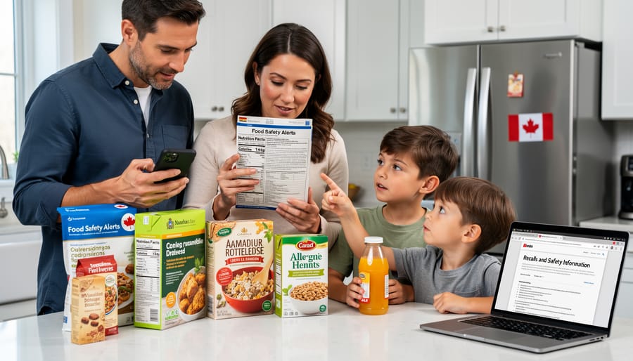 Family checking food product labels together in kitchen