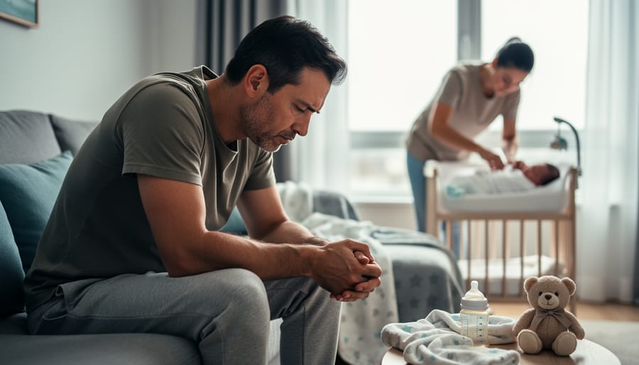 Father holding infant at night showing signs of emotional exhaustion and stress
