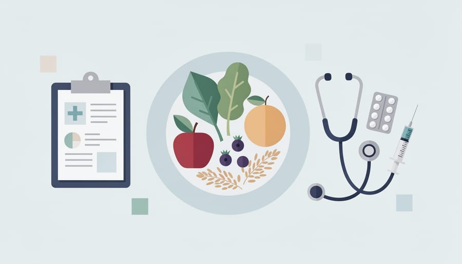 Overhead view of fresh vegetables and whole grains on cutting board with medical stethoscope