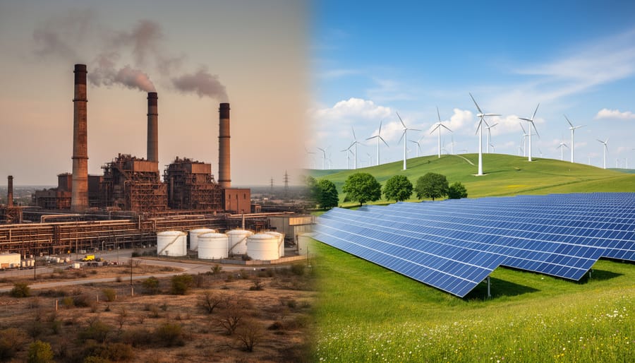 Coal power plant smokestacks with wind turbines in foreground showing energy transition