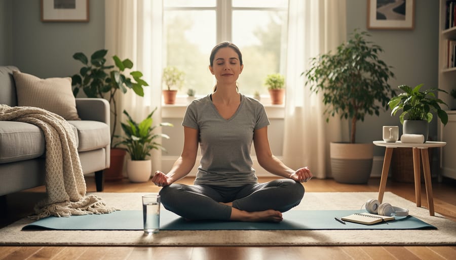 Person doing gentle yoga stretch in peaceful home environment