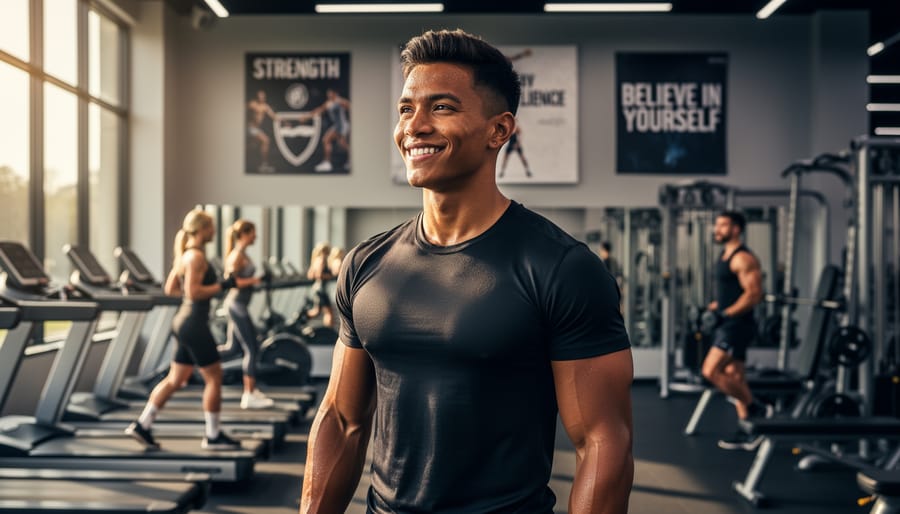 Smiling woman showing confidence after completing workout in gym