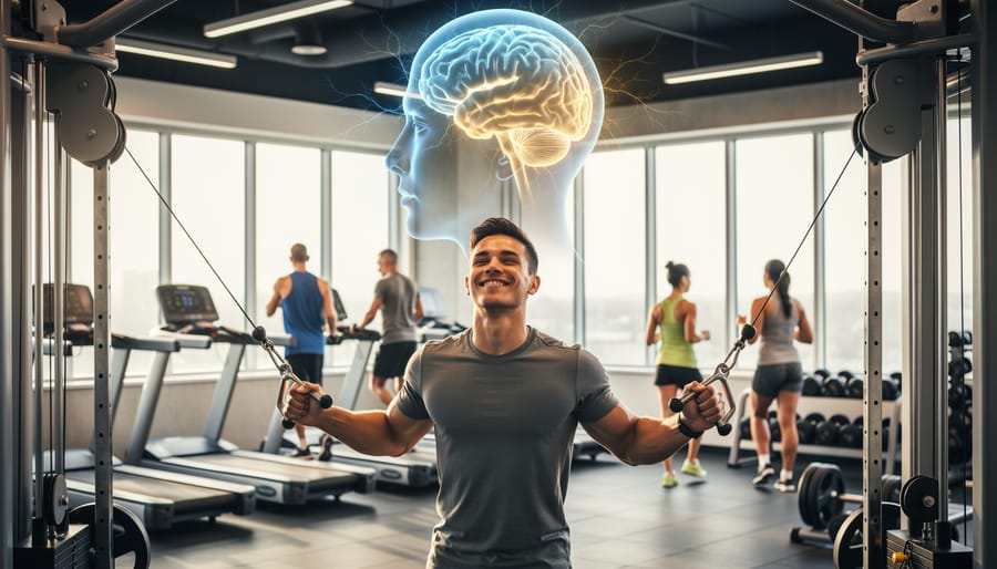 Diverse people exercising in bright modern gym with natural lighting