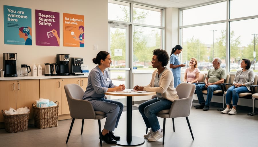 Healthcare worker having compassionate conversation with client in community health setting