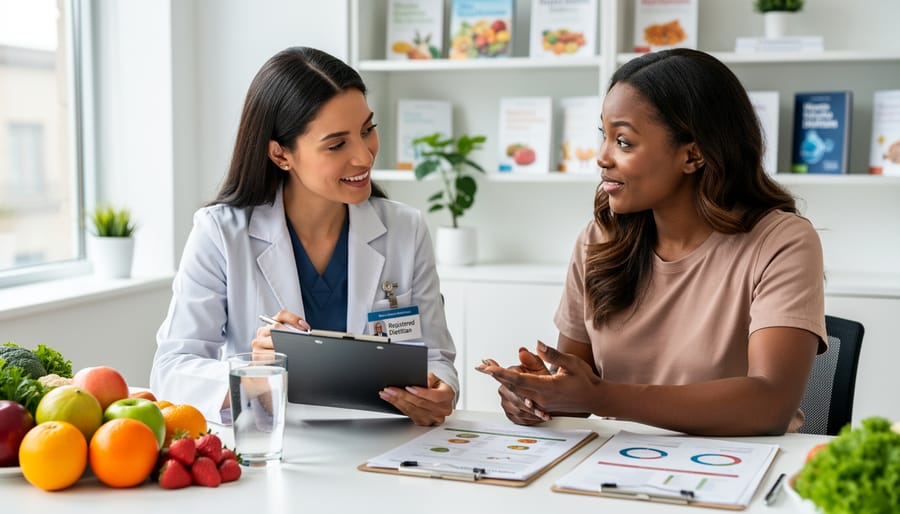 Senior couple meeting with dietitian at kitchen table for nutrition consultation