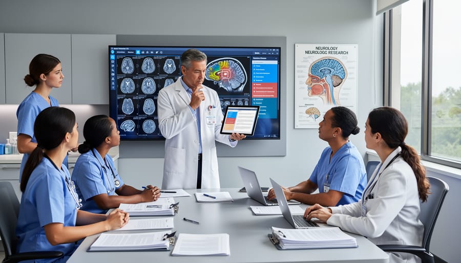 Medical team reviewing brain scans together in hospital setting