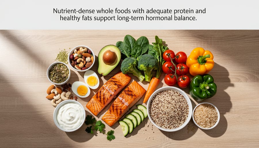 Overhead view of balanced meal with salmon, quinoa, vegetables, and healthy fats