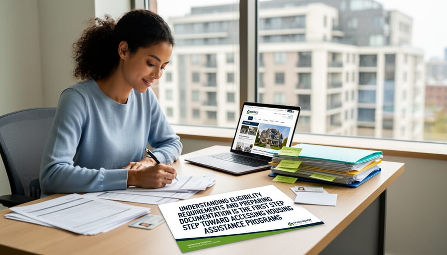 Woman reviewing housing assistance application documents at home kitchen table