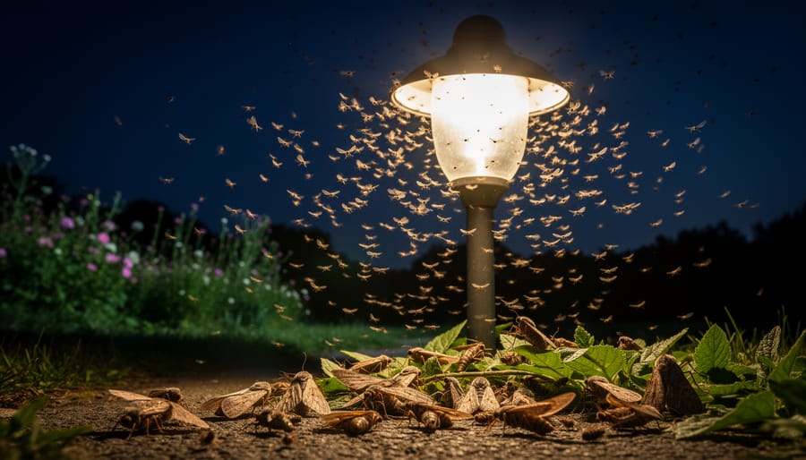 Moths and insects swarming around bright outdoor light fixture at night
