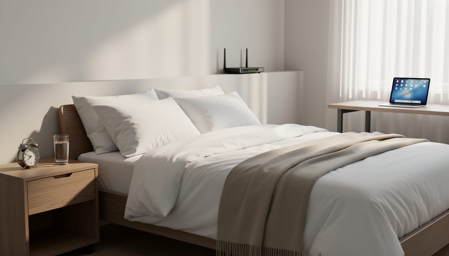 Peaceful bedroom setup with phone on distant nightstand and unplugged WiFi router for reduced EMF exposure
