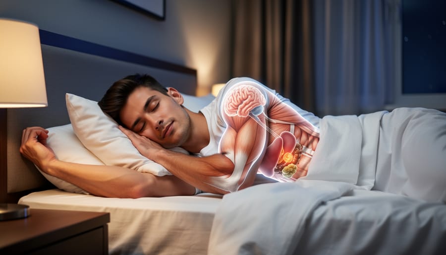 Man sleeping peacefully in dark bedroom with natural lighting