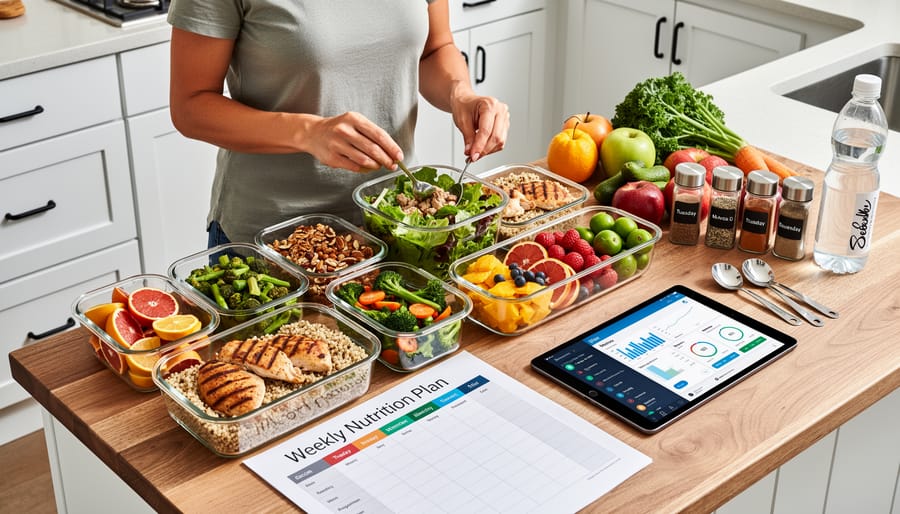 Hands preparing healthy meal prep containers with portioned balanced meals