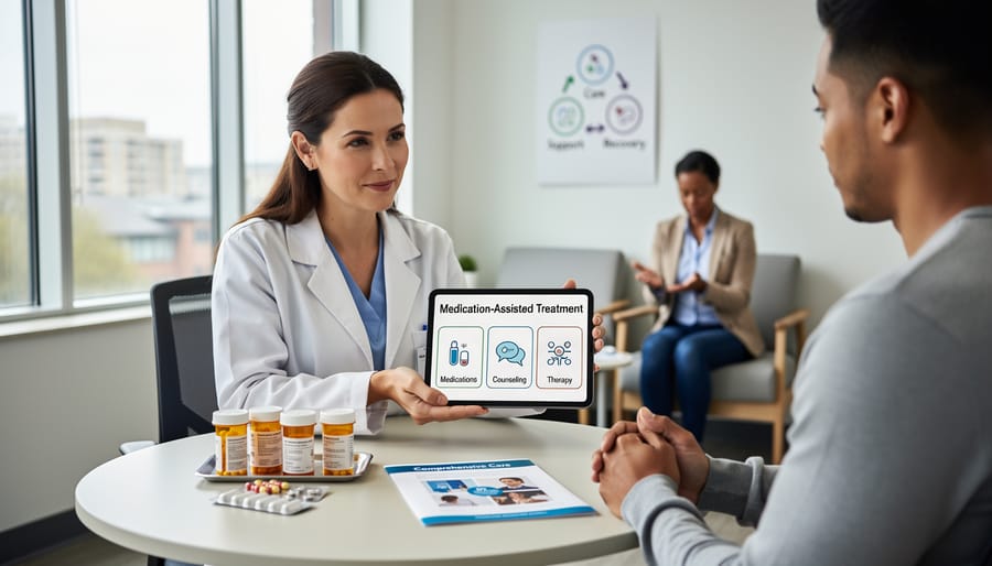 Healthcare provider holding medication bottle in clinical setting