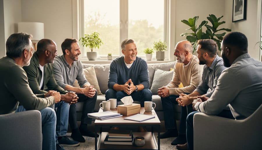 Group of men engaged in supportive conversation in outdoor setting