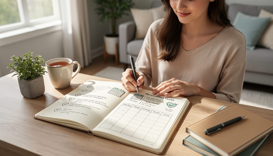 Man's hands writing in journal showing mental health planning and self-reflection