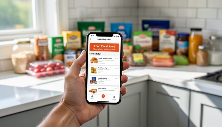 Person checking food recall notification on smartphone while reviewing refrigerator contents
