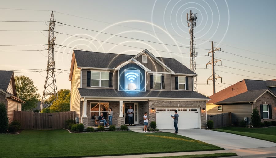Canadian suburban home with power lines, WiFi router, and person using smartphone showing common EMF sources