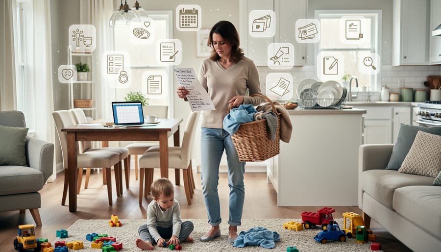 Mother holding baby while multitasking with laptop showing signs of mental exhaustion