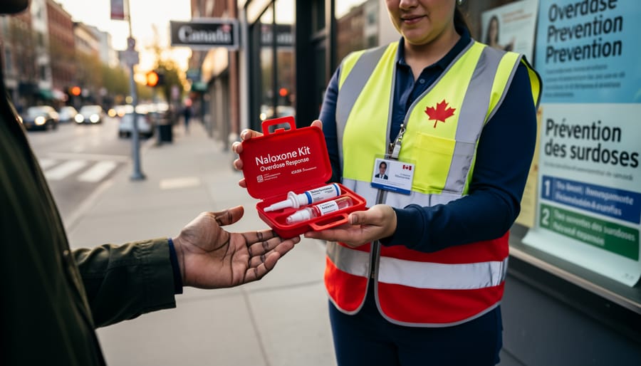 Naloxone overdose reversal kit with nasal spray being prepared by healthcare worker