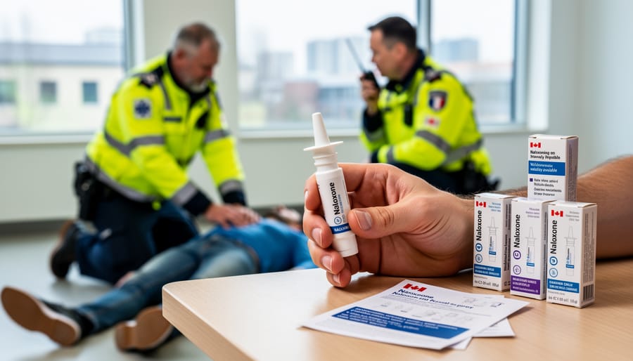 Naloxone nasal spray device held in hand showing life-saving overdose reversal medication