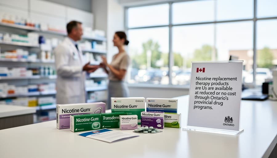 Medical professional displaying nicotine replacement therapy products on examination table