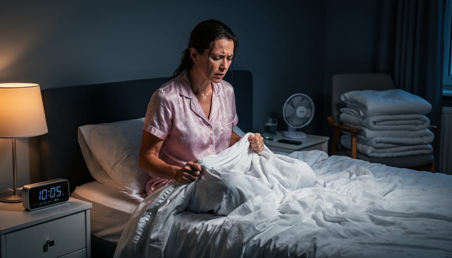 Hand pulling back bedsheets showing moisture from night sweats
