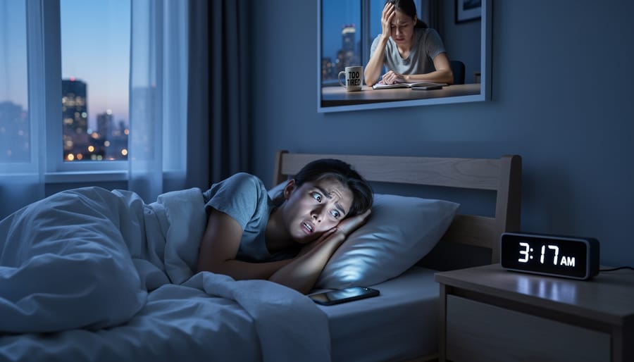 Person awake in bed at 3 AM with alarm clock visible on nightstand