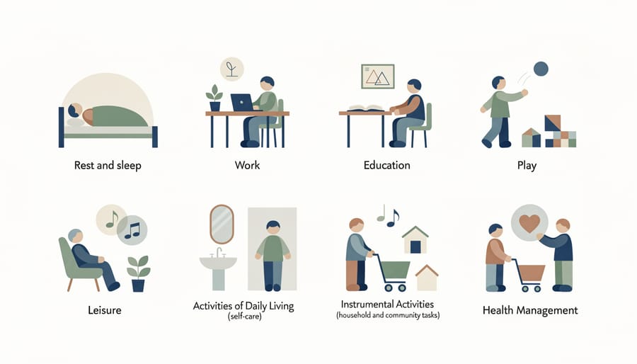 Overhead view of hands performing various daily activities including dressing, cooking, and writing