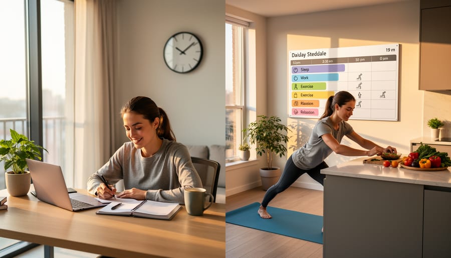 Woman stretching with energized expression in bright naturally lit bedroom