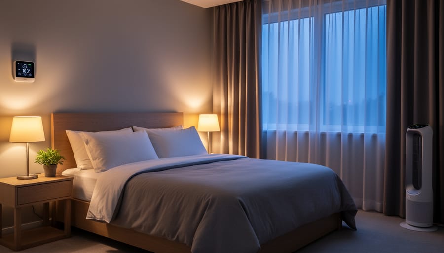 Well-designed bedroom with blackout curtains and warm lighting for optimal sleep