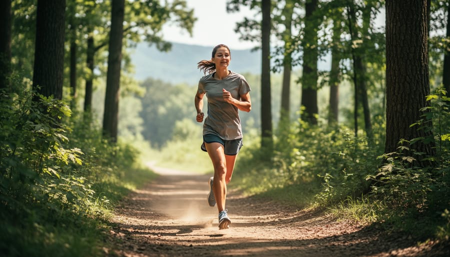 Person running on peaceful outdoor trail surrounded by nature and trees